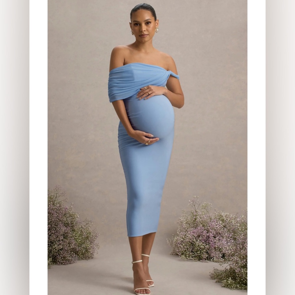 Club L London Dusty Blue Off-Shoulder Maternity Midi Dress